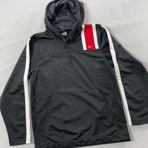 Y2K Nike Hoodie Men Medium Black Pullover Polyester Knit Kangaroo Pocket Vintage